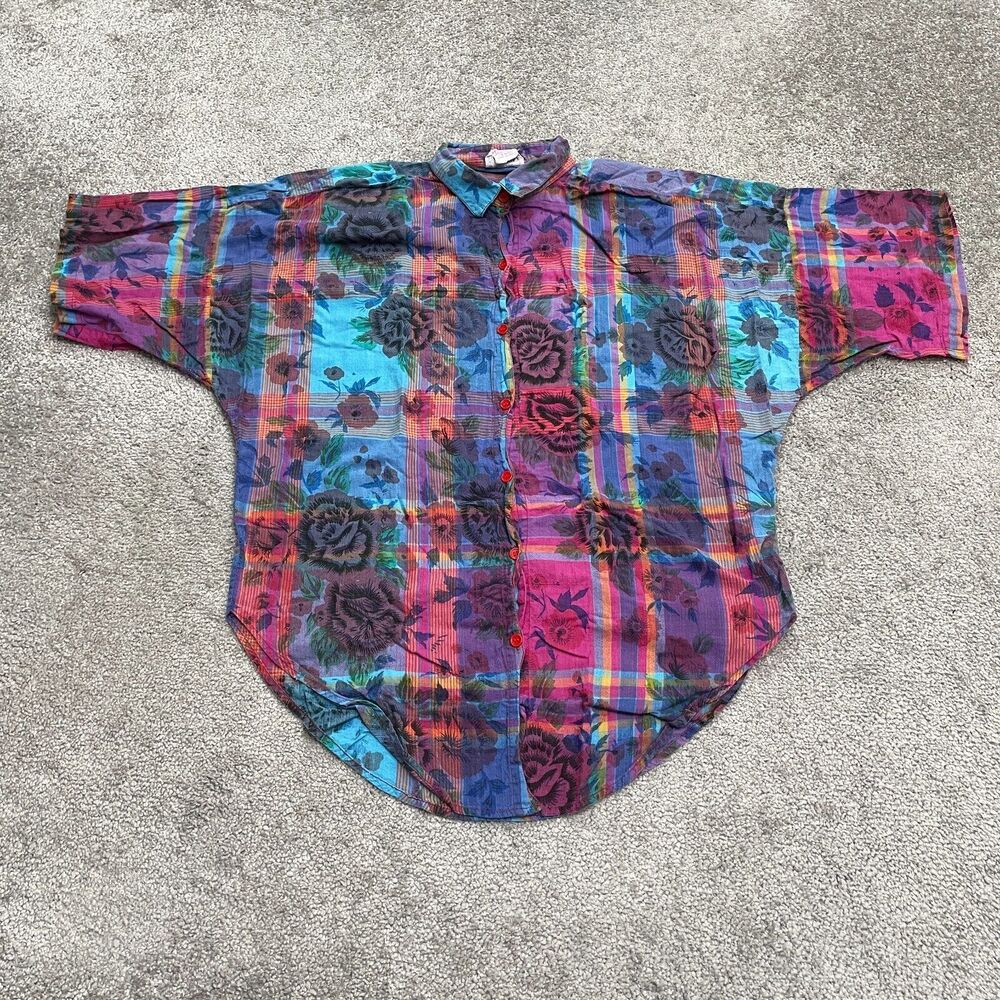 Two Of US Vintage Y2K 90's Plaid Floral Blouse Womens Small Multicolor Casual
